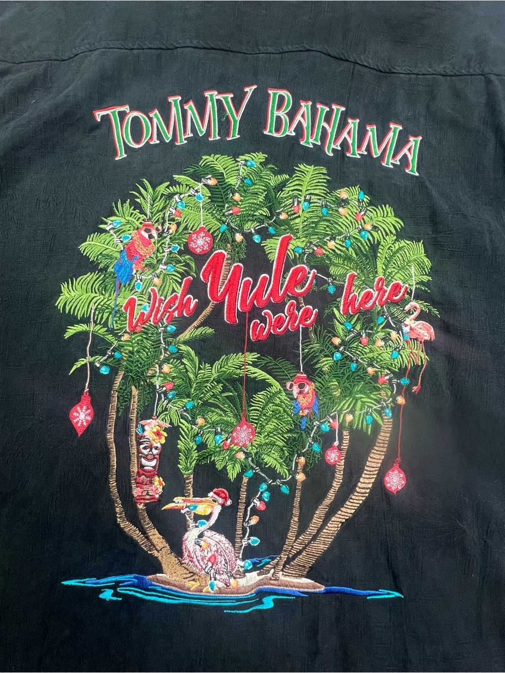 Tommy Bahama Black Tropical Holiday Embroidered Shirt with Red & Green Accents